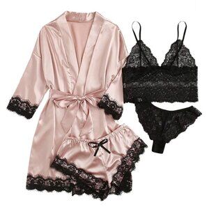 2/$30 4 Pc Set Pink Pajama Lace Trim Robe Shorts Bra and Panties Loungewear Pj